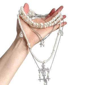 Baroque pearl layered necklace with rhinestone cross and crystal drops for women