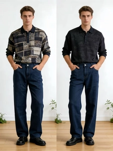 Detail view of men's polo shirts paired with classic blue straight-leg denim jeans