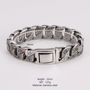 Retro stainless steel curb chain bracelet with vintage floral patterns for men