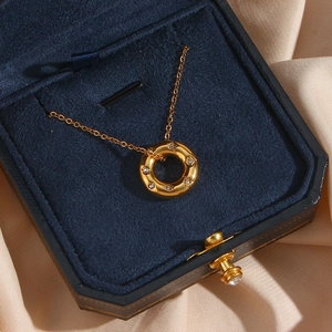 18K gold plated stainless steel donut pendant necklace with cubic zirconia in a gift box