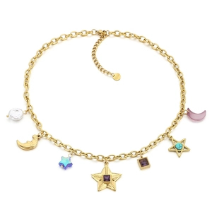 Collier en acier inoxydable 18k avec breloques étoile, lune, perles et verre coloré