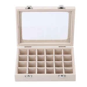 Beige jewelry box with 24 compartments and transparent glass lid for jewelry storage