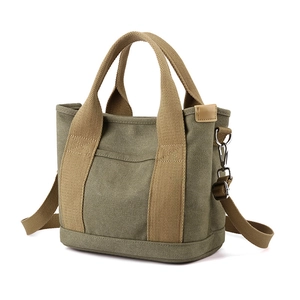 Olive green vintage canvas tote bag with thick strap and adjustable shoulder strap
