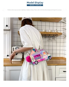 Detail of laser PU ice cream truck crossbody bag with metal chain and fur ball