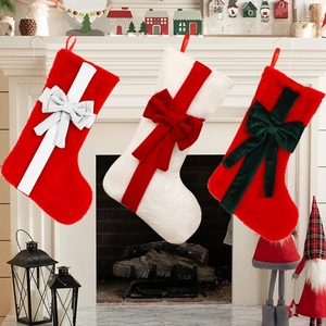 Christmas Stocking Plush Velvet Large Bow Hanging Ornament Holiday Party Home Decor Festive Soft