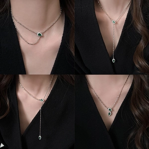 Y-Shaped Lariat Necklace Alloy Green Pear Gemstone Rhinestone Pave Long Sweater Chain Elegant Minimalist Jewelry For Women