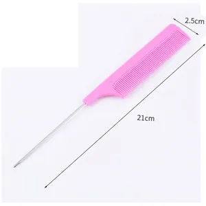 Pink rat tail hair comb with metal handle for hairstyling and sectioning, 21cm length