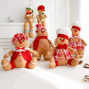 Christmas Gingerbread Man Plush Doll Gingerbread Woman Knit Fabric Red White Plaid Chef Hat Holiday Home Decor Cute Ornament