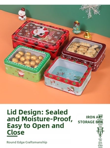 Detail of four Christmas tin boxes with transparent windows showing cookies and candies