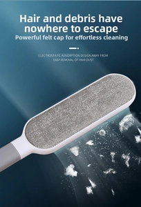 Detail showing electrostatic lint remover brush with white plastic shell and gray felt surface