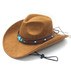 Detail of brown suede western cowboy hat with turquoise beads and adjustable chin strap