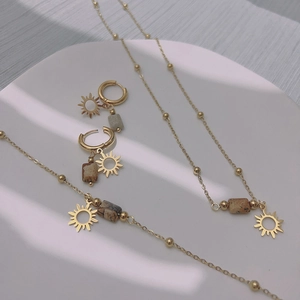 Sun Pendant Necklace Bracelet Earrings 18K Gold Plated Stainless Steel Natural Picture Stone Jewelry For Women