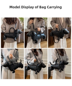 Multi-angle collage of stylish black dachshund dog shaped handbag shown on a model