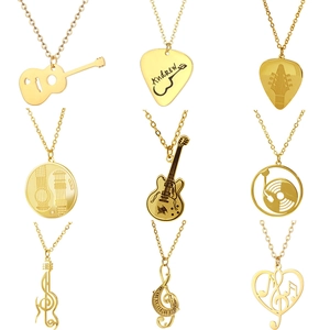 Music Instrument Stainless Steel Pendant Necklace Guitar Piano Note Vinyl Record Gramophone Electroplated Jewelry Gift For Women