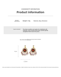 Detailed size specifications for ethnic gold floral earrings with crystals and tassels
