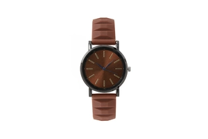 Detail of dark brown brushed dial with gold indices and blue hands on a black case watch