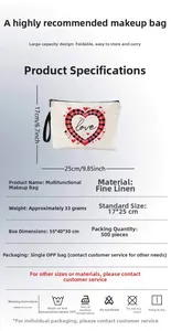 Linen makeup bag detail showing 25x17cm size dimensions and red plaid heart print