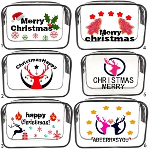 Detail view of six clear PVC makeup bags with various festive Christmas theme patterns