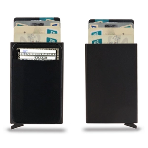 Slim RFID black metal wallet with multiple card slots and integrated cash clip