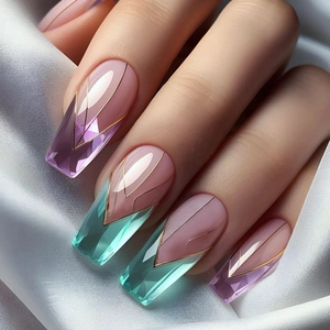 Faux Ongles Amande Géométriques Bleu Violet Ligne Or Amovibles Plastique ABS Couverture Totale Pour Femmes
