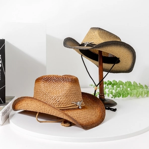 Cappello Da Cowboy In Paglia Fibra Vegetale Naturale Tesa Larga Traspirante Parasole Vintage Sfumato Cinturino Regolabile