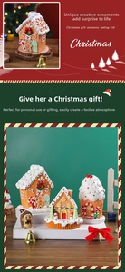 Detailed view of mini gingerbread resin houses and cute hedgehog figurine for Christmas decor