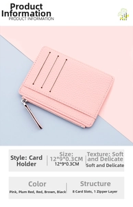 Slim pink leather card holder featuring 8 card slots and a secure zipper coin pocket
