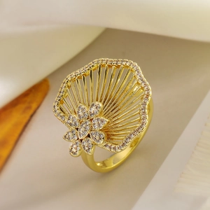 Exquisite 18K gold-plated geometric fan-shaped ring with pavé zircon stones for women