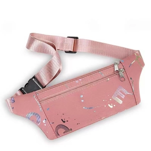 Pink sporty waist bag with laser splatter pattern and adjustable black strap for running