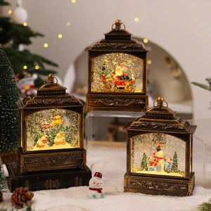 Detail of vintage Christmas lanterns with snow globe scenes and warm LED lighting effect