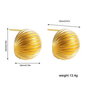 Detail view of 18K gold-plated dome stud earrings with radial groove texture and dimensions
