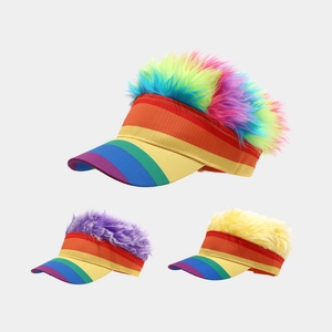 Chapeau Visière Solaire Avec Perruque Cheveux Faux Rayures Arc-En-Ciel Drôle Nouveauté Fête Festival Accessoire