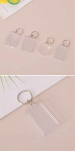 Macro detail of rectangular acrylic keychain frame with metal ring for DIY photos