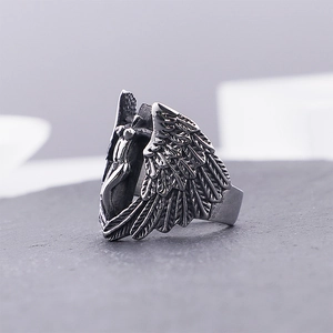 Vintage stainless steel angel cross ring in antique silver finish for men and women