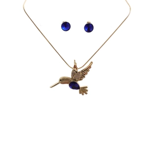 Parure de bijoux pour femme avec collier colibri doré et boucles d'oreilles cristal bleu