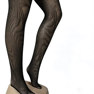 Sexy black high-waisted fishnet tights featuring a unique wave pattern and high elasticity