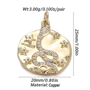Detail showing a gold copper snake pendant with star dimensions and 3.00g weight info