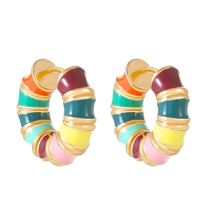 Colorful enamel bamboo style gold hoop earrings with vibrant macaron segments for women