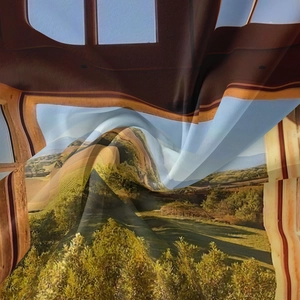 Detailed view of bohemian scenic tapestry with soft drape and elegant silk texture