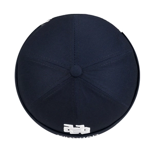 Navy blue cotton docker hat with white 3D letter embroidery and six-panel crown