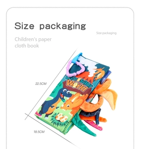 Detailed view of Dinosaur World baby cloth book with 3D tails and size dimensions