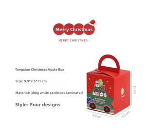 Detail of red Christmas apple gift box featuring a cat illustration and carrying handle