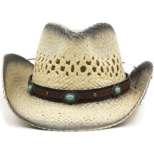 Retro hollow straw western cowboy hat with turquoise band and distressed grey accents