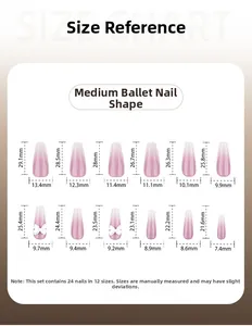 Size chart for French ballerina press-on nails featuring 12 precise dimensions for perfect fit