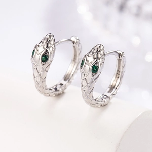 Silver snake-shaped hoop earrings with green gemstone eyes and detailed scale texture