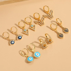 Fashion Vintage Copper Evil Eye Drop Earrings For Women Gold Plated Geometric Zirconia Enamel Heart Gothic Pendant Earrings Jewelry