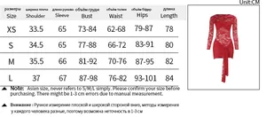 Size guide for lace long sleeve mini dress showing measurements in centimeters and inches