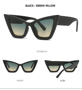 Multi-angle view of retro black cat-eye sunglasses with green to yellow gradient lenses