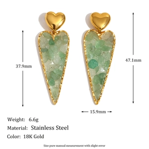 18K gold plated stainless steel heart earrings featuring green crushed stone inlay
