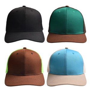Flat brim baseball trucker hats with breathable mesh in four various color combinations